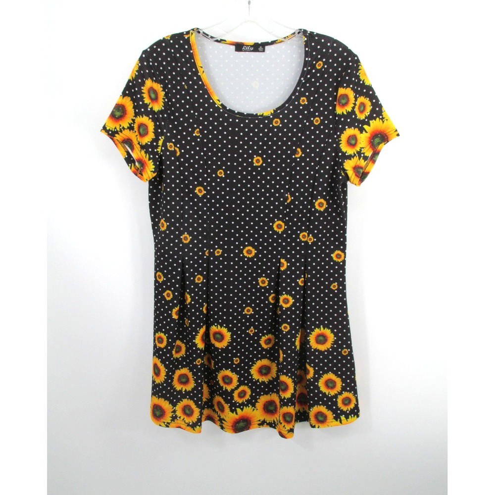 Lily by Firmiana Sunflower Polka Dot Babydoll Dress Black Medium Cottagecore